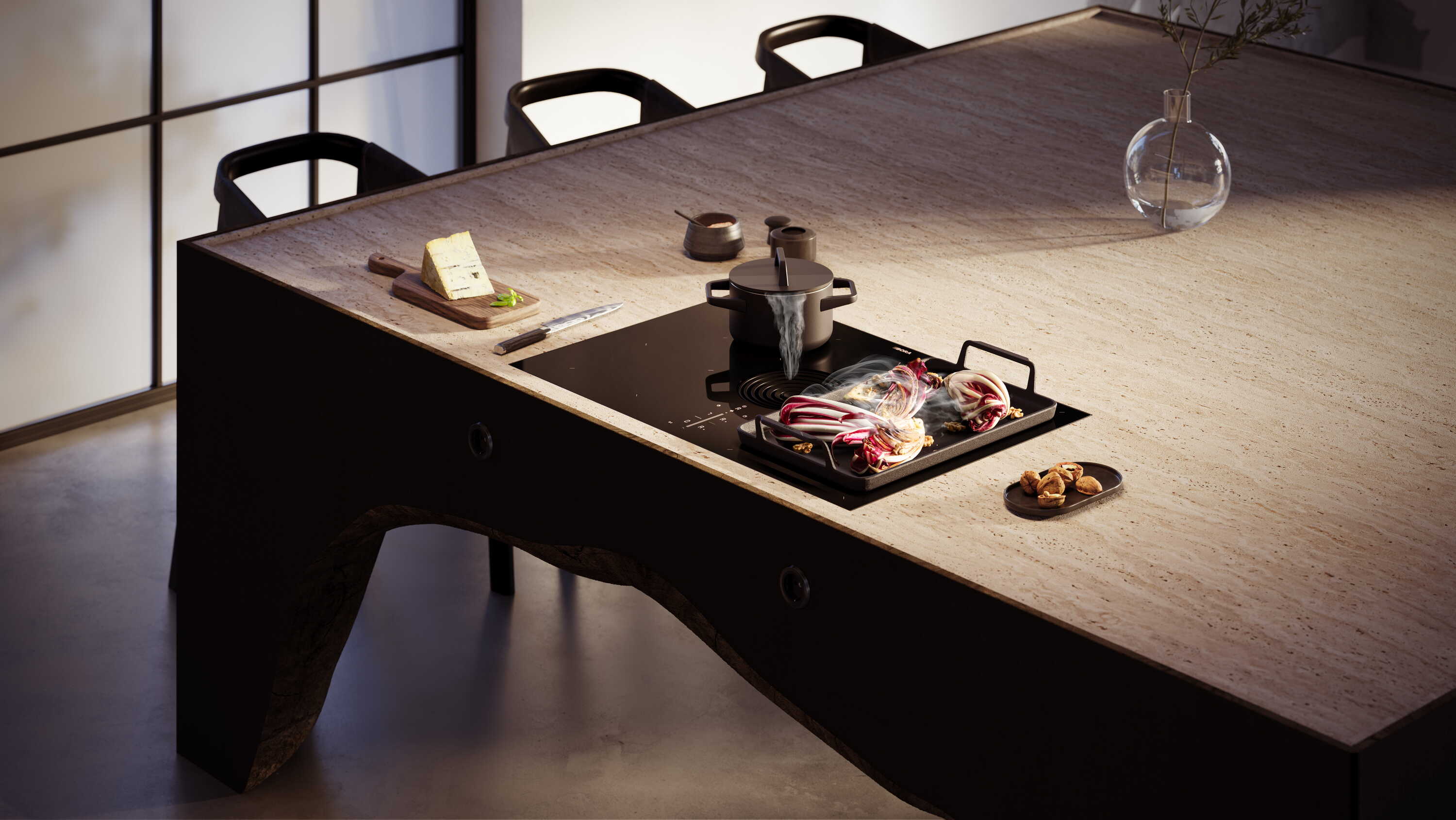 M PURE - Table de cuisson induction avec dispositif aspirant et Bora Assist (version recyclage) verre brillant
