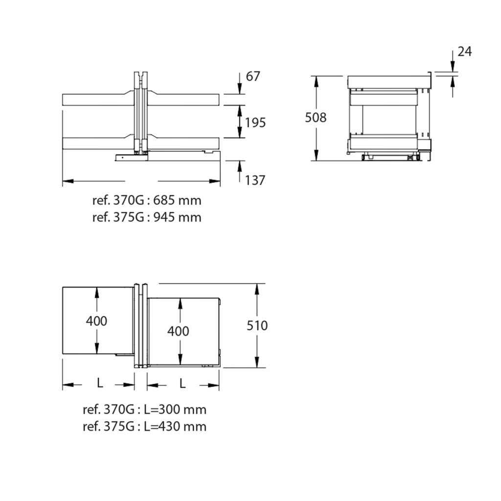 Aménagement de meuble d'angle réversible composé de 4 paniers en acier pour meuble de 900mm - finition gris orion - profondeur 510mm - porte de 450mm minimum