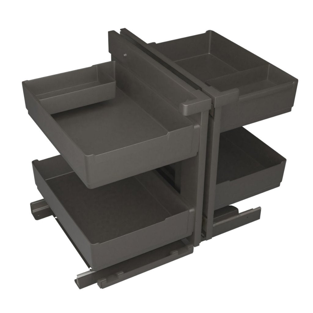 Aménagement de meuble d'angle réversible composé de 4 paniers en plastique +4 petits panier amovibles pour meuble de 900mm - finition gris orion - profondeur 510mm - porte de 450mm minimum