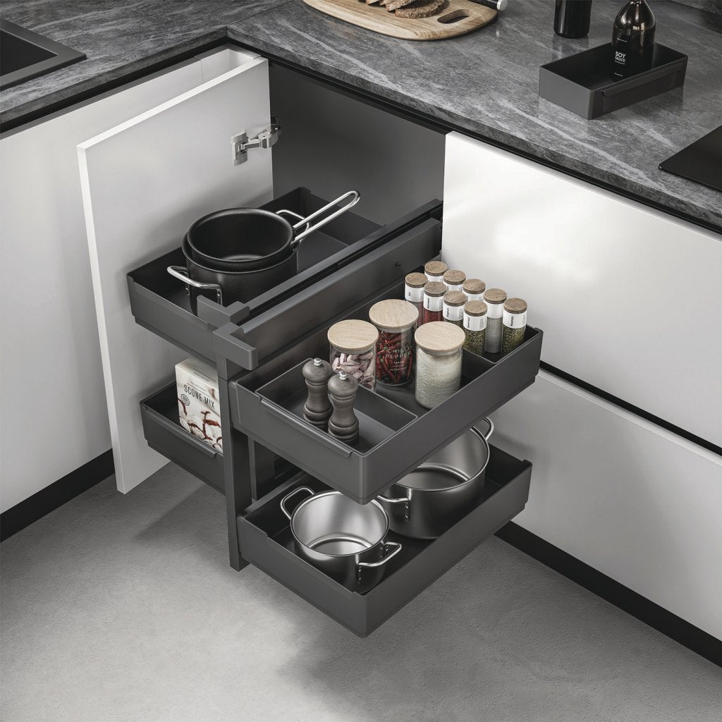 Aménagement de meuble d'angle réversible composé de 4 paniers en plastique +4 petits panier amovibles pour meuble de 900mm - finition gris orion - profondeur 510mm - porte de 450mm minimum