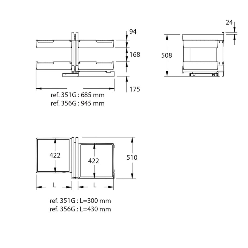 Aménagement de meuble d'angle réversible composé de 4 paniers en plastique +4 petits panier amovibles pour meuble de 900mm - finition gris orion - profondeur 510mm - porte de 450mm minimum