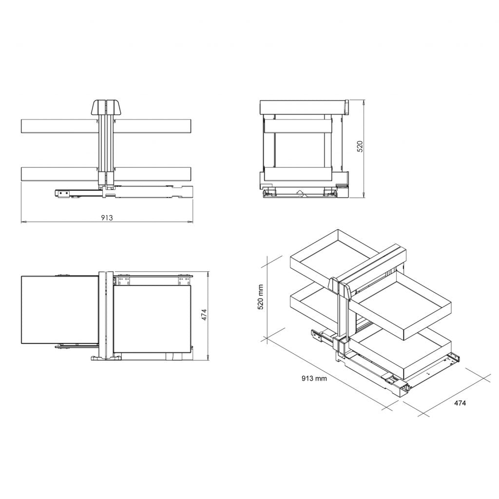 Aménagement de meuble d'angle réversible composé de 4 paniers pour meuble de 1200mm - finition gris orion - profondeur 500mm - porte de 600mm minimum