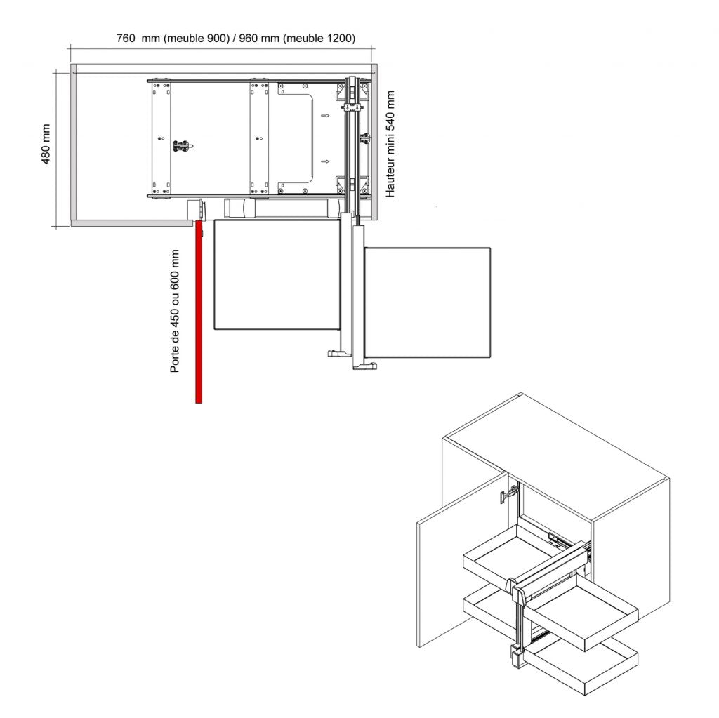 Aménagement de meuble d'angle réversible composé de 4 paniers pour meuble de 1200mm - finition gris orion - profondeur 500mm - porte de 600mm minimum