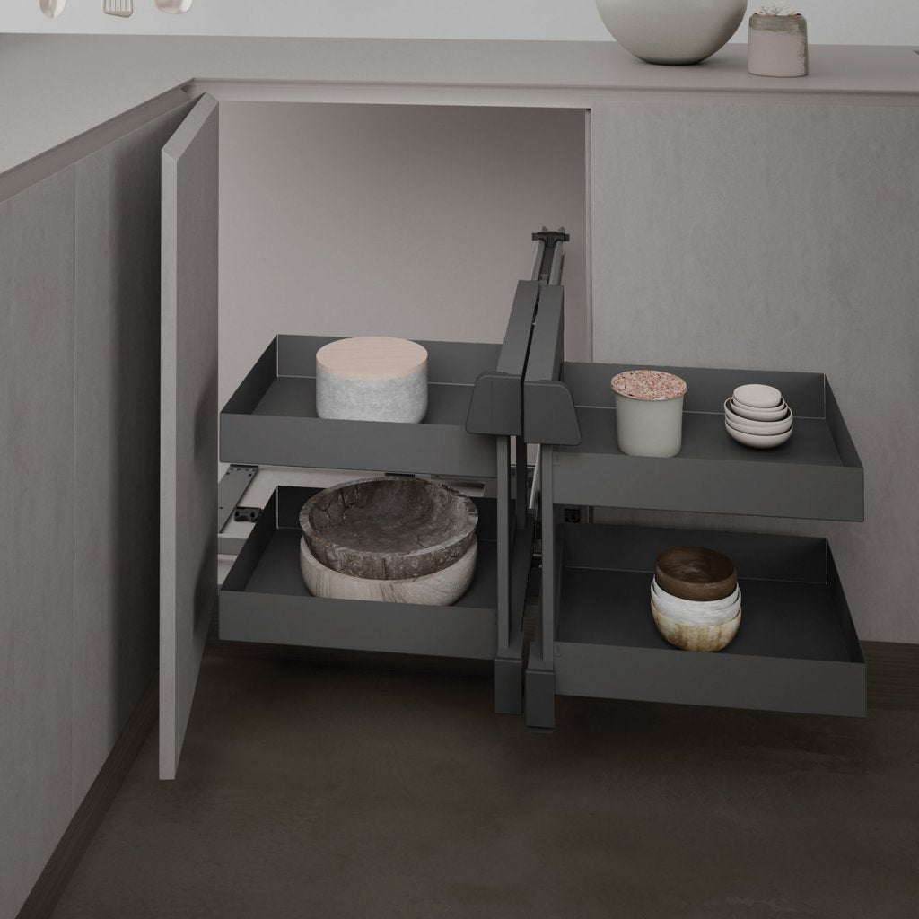 Aménagement de meuble d'angle réversible composé de 4 paniers pour meuble de 900mm - finition gris orion - profondeur 500mm - porte de 450mm minimum