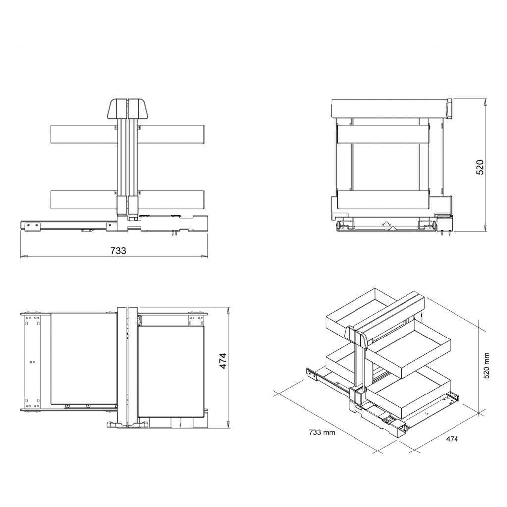 Aménagement de meuble d'angle réversible composé de 4 paniers pour meuble de 900mm - finition gris orion - profondeur 500mm - porte de 450mm minimum
