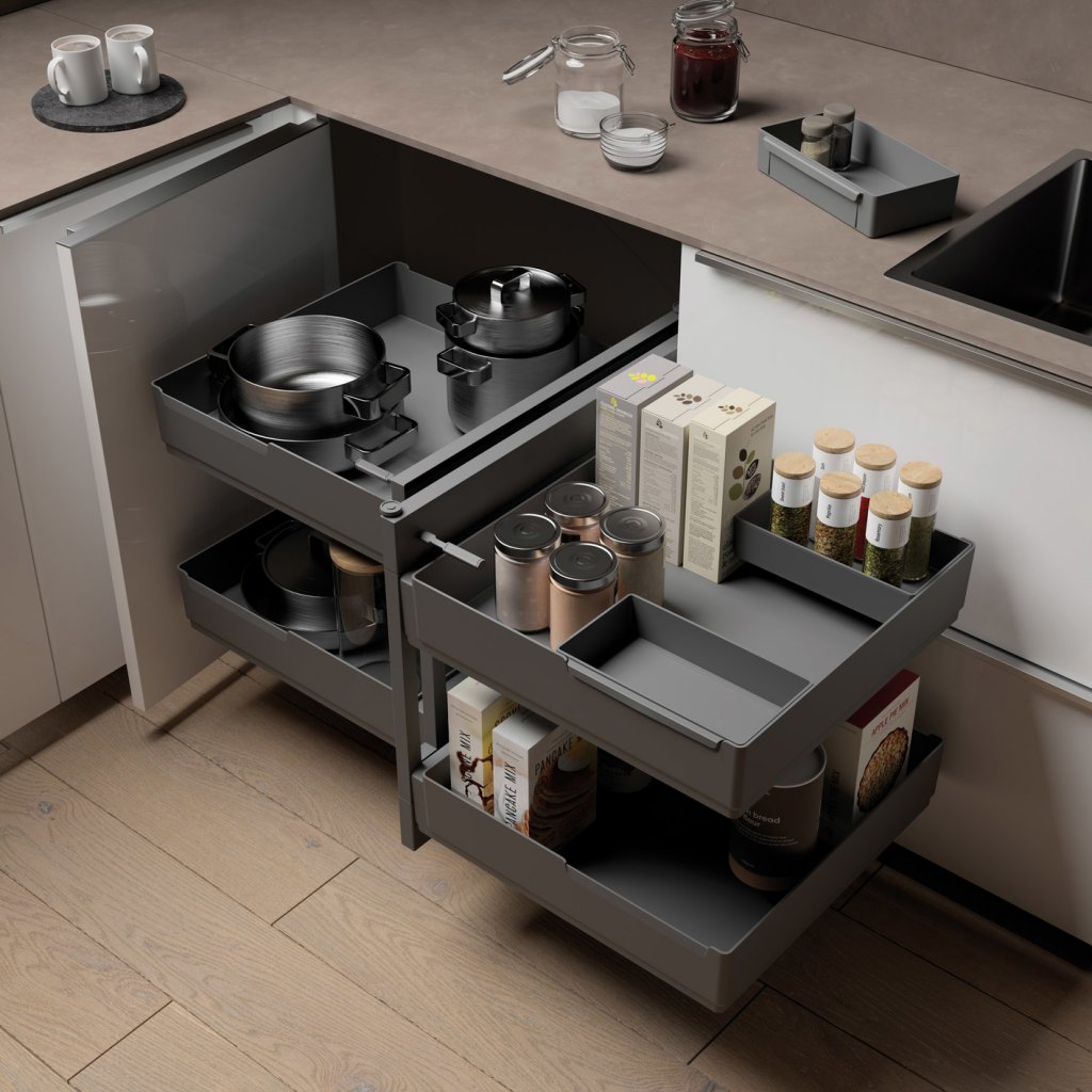 Aménagement de meuble d'angle version droite composé de 4 paniers et de 4 petits paniers amovibles pour meuble de 1200mm - finition gris orion - profondeur 500mm - porte de 600mm minimum