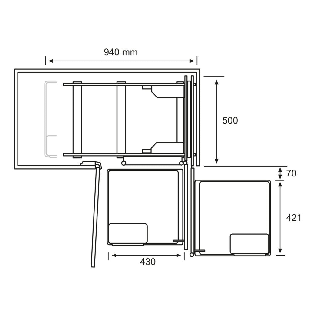 Aménagement de meuble d'angle version droite composé de 4 paniers et de 4 petits paniers amovibles pour meuble de 1200mm - finition gris orion - profondeur 500mm - porte de 600mm minimum