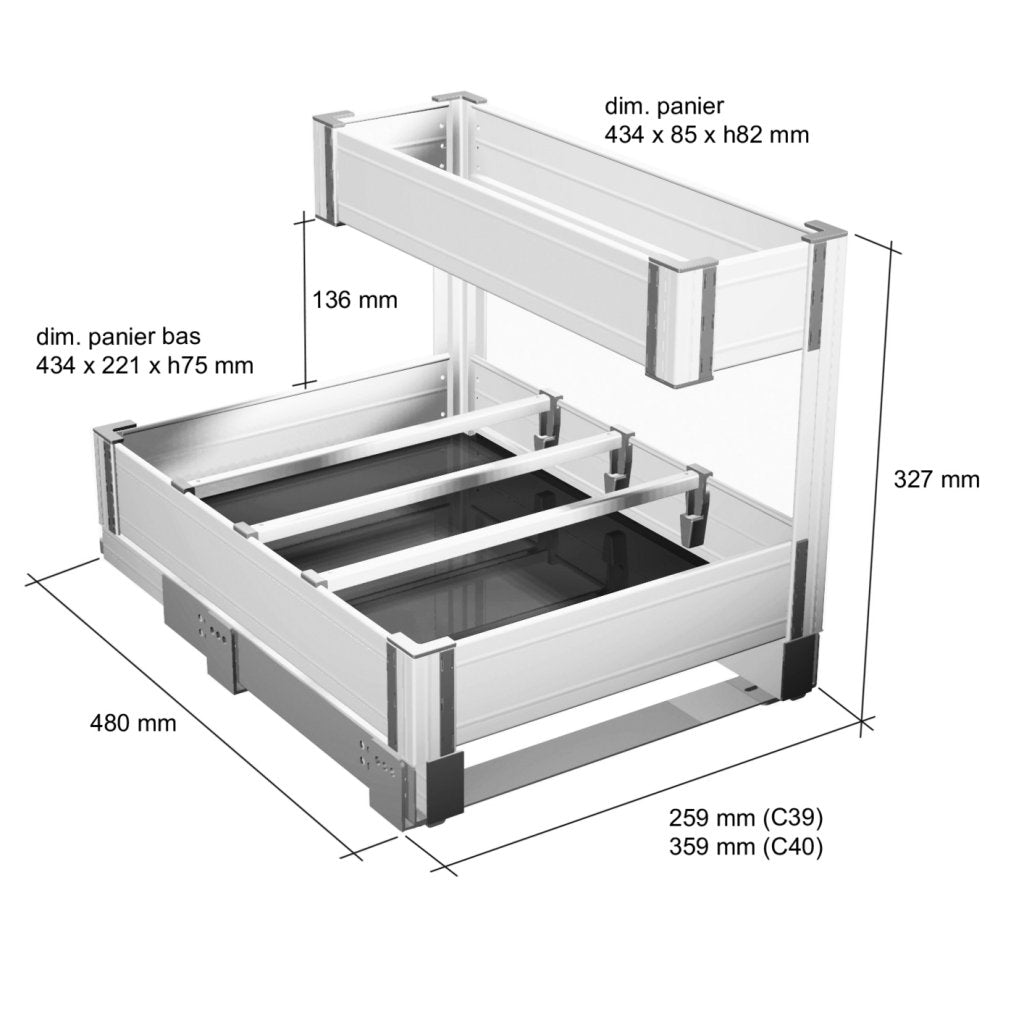 Aménagement sous-évier extractible tout en aluminium pour meuble de 400mm - fixation sur le fond du meuble - sortie totale avec système SOFT- Finition gris orion