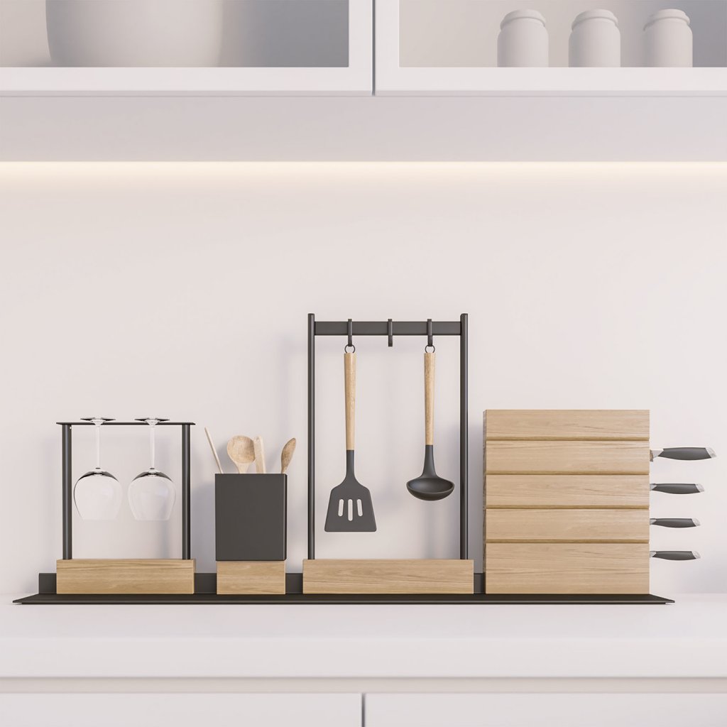 Aménageur de plan de travail- Longueur 90cm- Avec 1 porte-couteaux, 1 boîte à couvert, 1 porte verre, 1 porte-ustensile, 3 crochets - A poser