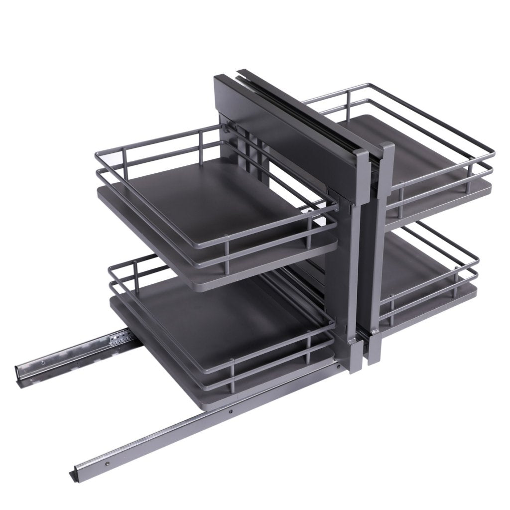 Aménagement de meuble d'angle réversible composé de 4 paniers en fil elliptique et fond bois pour meuble de 900mm - finition gris orion - profondeur 510mm - porte de 450mm minimum