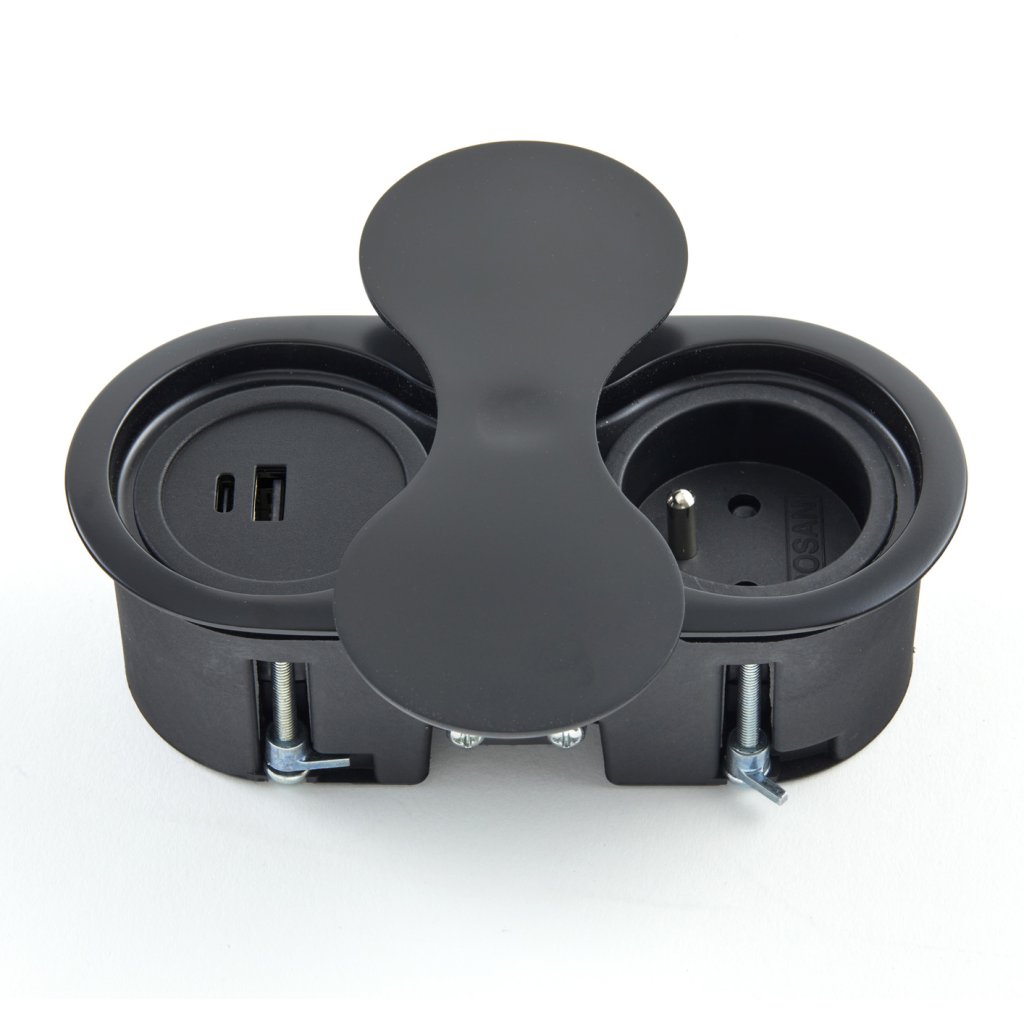 Bloc 1 prise+ 1 USB A+C- EIGHT affleurant à encastrer dans un plan de travail de 5 à 40mm-finition noir mat (RAL9005)- 16A-230V-2P+T