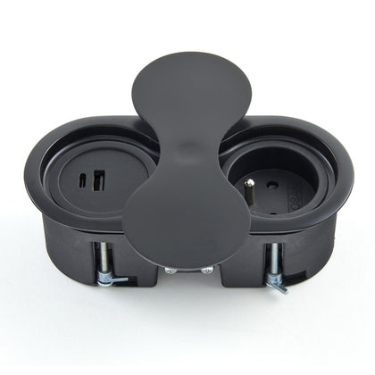 Bloc 1 prise+ 1 USB A+C- EIGHT affleurant à encastrer dans un plan de travail de 5 à 40mm-finition noir mat (RAL9005)- 16A-230V-2P+T