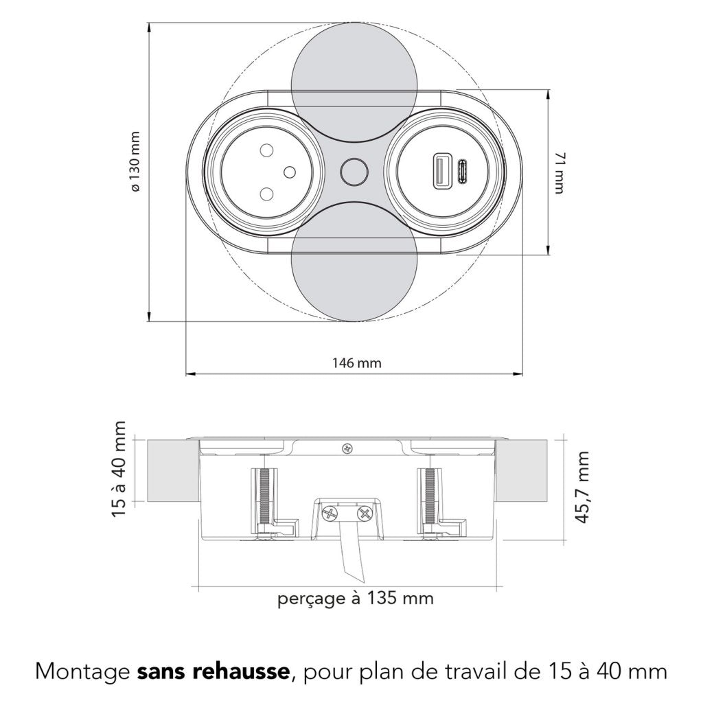Bloc 1 prise+ 1 USB A+C- EIGHT affleurant à encastrer dans un plan de travail de 5 à 40mm-finition noir mat (RAL9005)- 16A-230V-2P+T