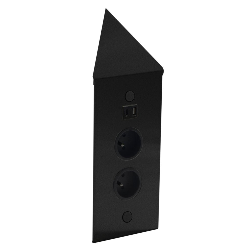 Bloc 2 prises + 1 port USB A/C d'angle - finition noir mat - prise noire - 16 A - 230V - 2P+T
