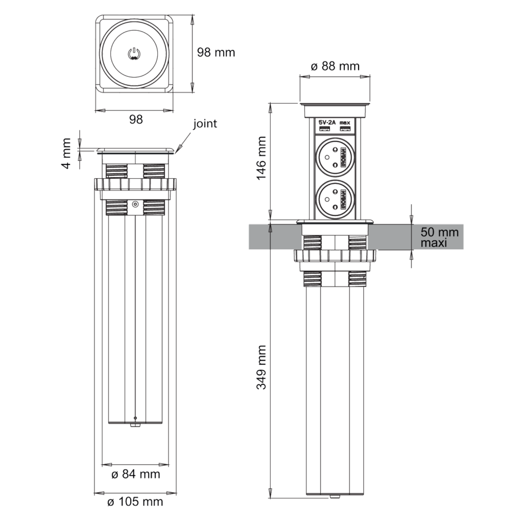 Bloc 2 prises + 2 USB (2A + 5V) autoMATICK rétractable - inox brossé