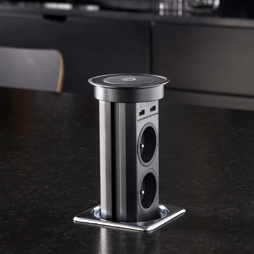 Bloc 2 prises + 2 USB (2A + 5V) autoMATICK rétractable - inox brossé