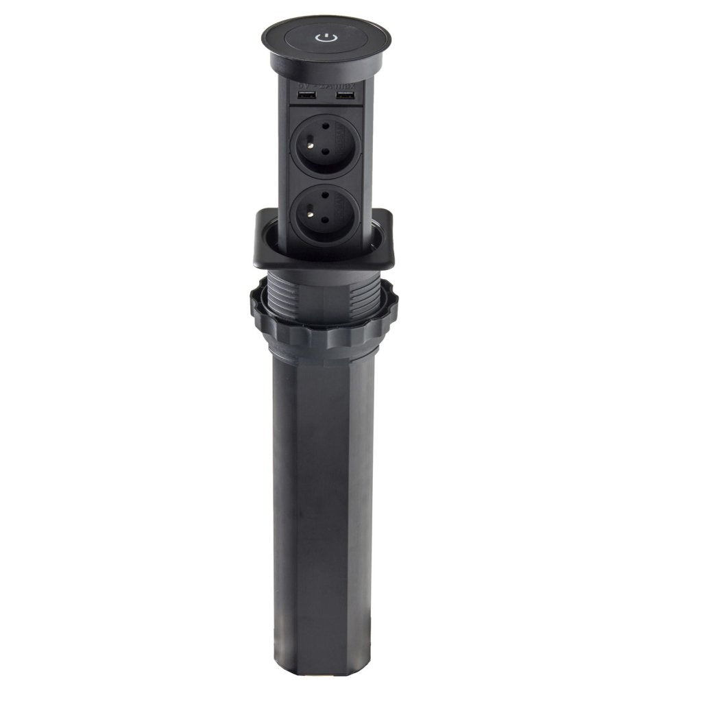 Bloc 2 prises + 2 USB (2A + 5V) autoMATICK rétractable - noir