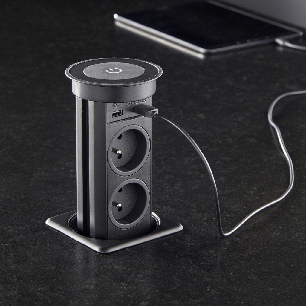 Bloc 2 prises + 2 USB (2A + 5V) autoMATICK rétractable - noir
