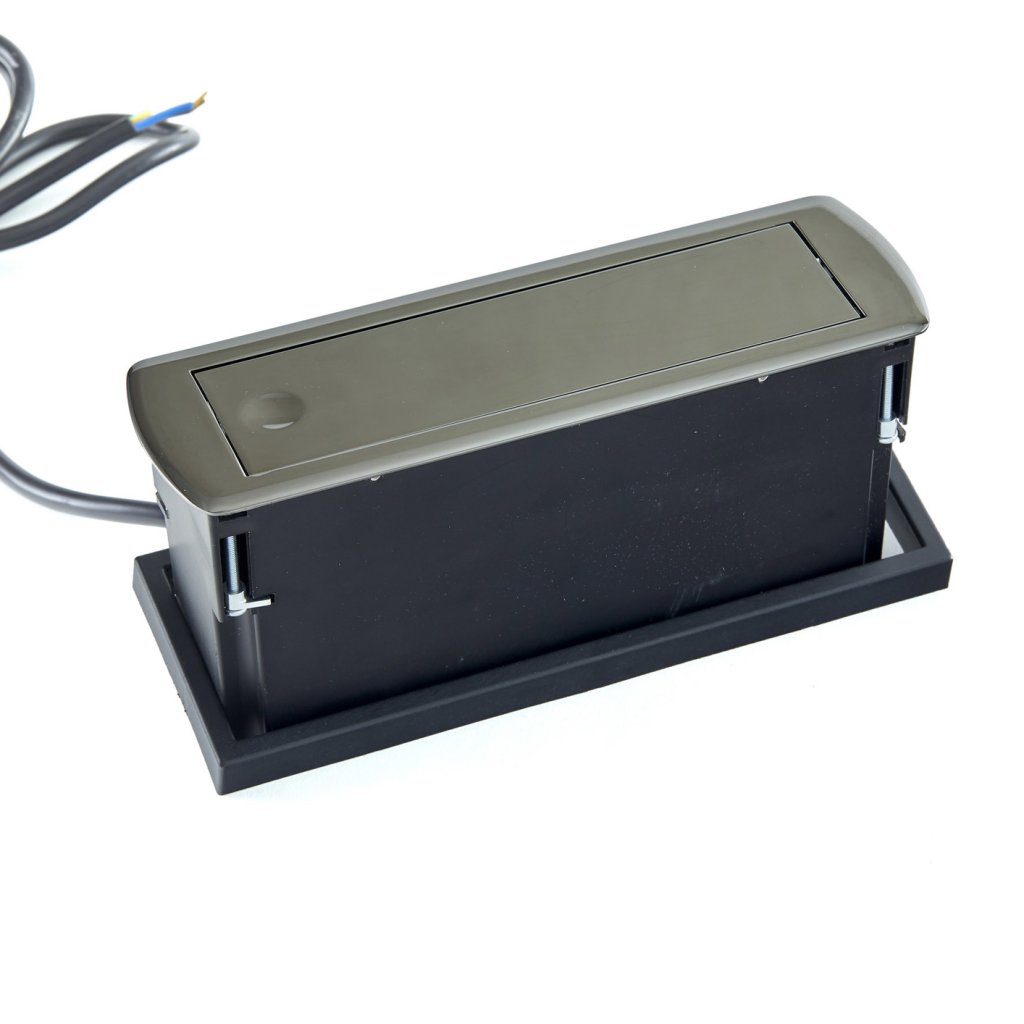 Bloc 2 prises + 2 USB (2A - 5V) CIZO affleurant à encastrer dans le plan de travail de 5 à 40mm (avec une réhausse incluse) - finition chrome noir - 16 A - 230V - 2P+T