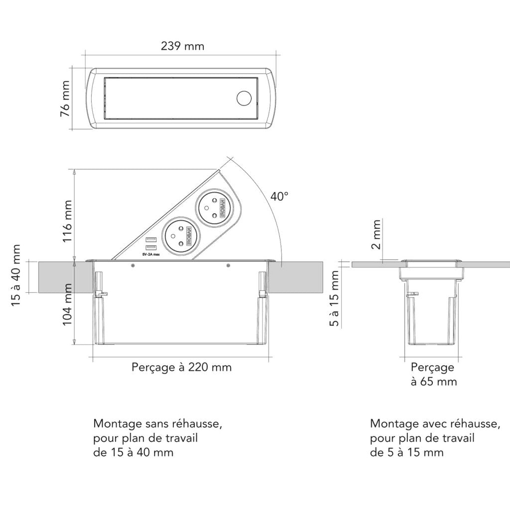 Bloc 2 prises + 2 USB (2A - 5V) CIZO affleurant à encastrer dans le plan de travail de 5 à 40mm (avec une réhausse incluse) - finition chrome noir - 16 A - 230V - 2P+T