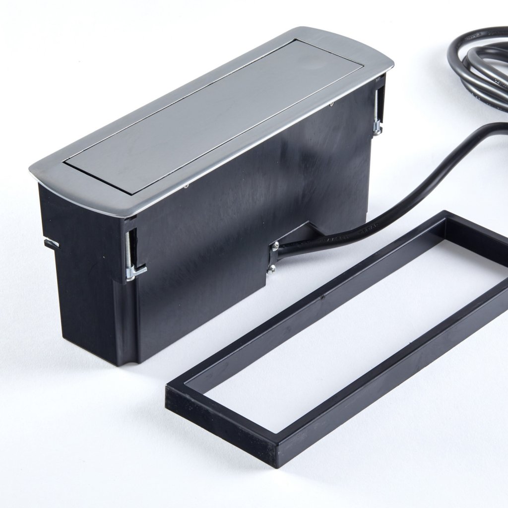 Bloc 2 prises + 2 USB (2A - 5V) CIZO affleurant à encastrer dans le plan de travail de 5 à 40mm (avec une réhausse incluse) - finition inox brossé - 16 A - 230V - 2P+T