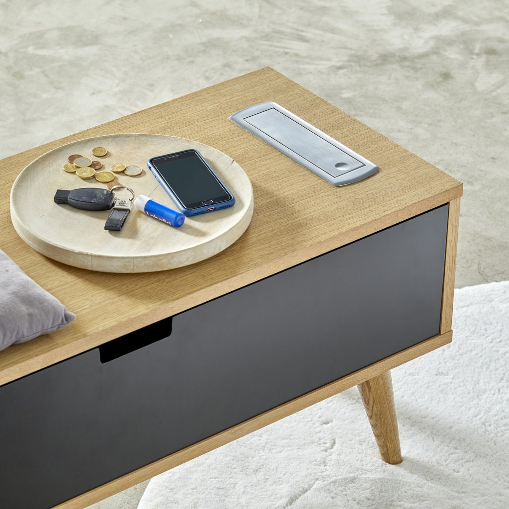 Bloc 2 prises + 2 USB (2A - 5V) CIZO affleurant à encastrer dans le plan de travail de 5 à 40mm (avec une réhausse incluse) - finition inox brossé - 16 A - 230V - 2P+T