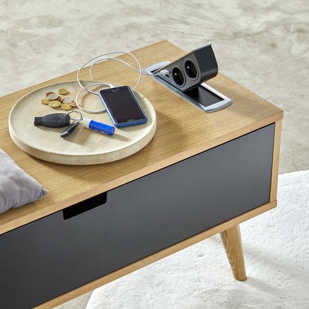 Bloc 2 prises + 2 USB (2A - 5V) CIZO affleurant à encastrer dans le plan de travail de 5 à 40mm (avec une réhausse incluse) - finition inox brossé - 16 A - 230V - 2P+T