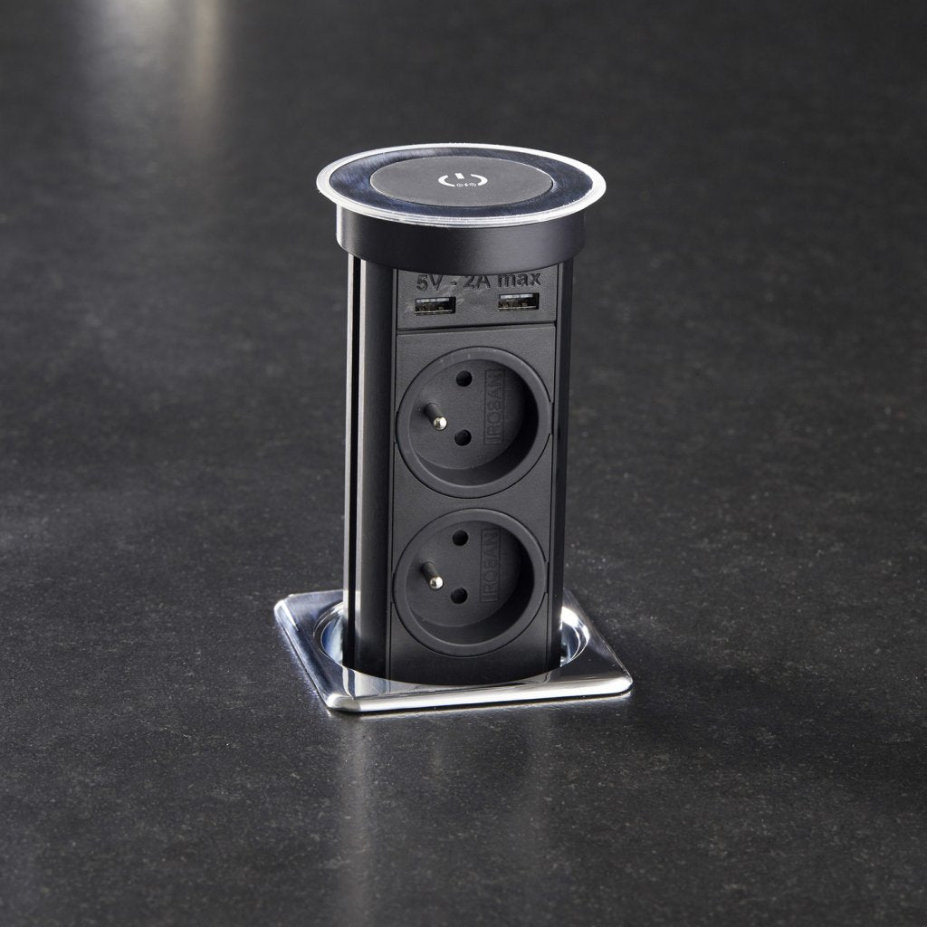 Bloc 2 prises+2 USB (2A + 5V) + QI autoMATICK rétractable - inox brossé
