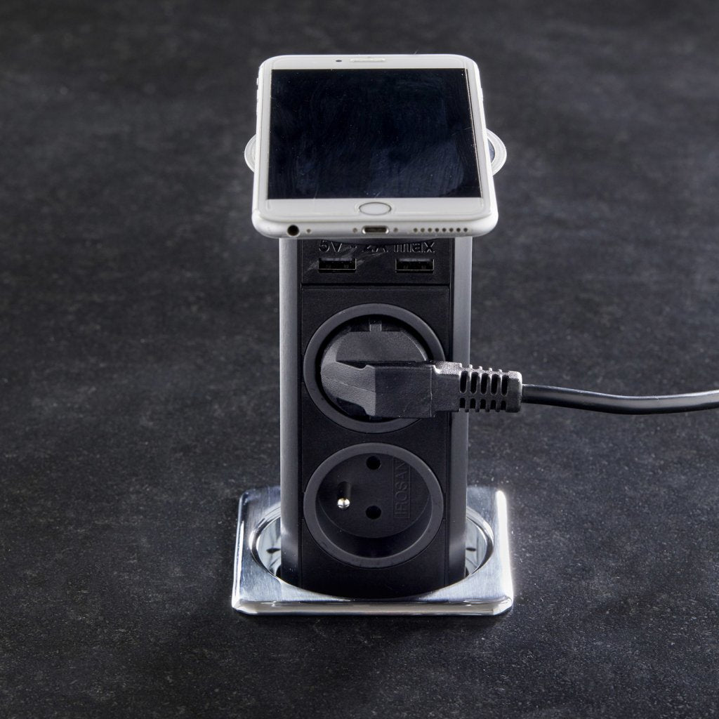 Bloc 2 prises+2 USB (2A + 5V) + QI autoMATICK rétractable - inox brossé