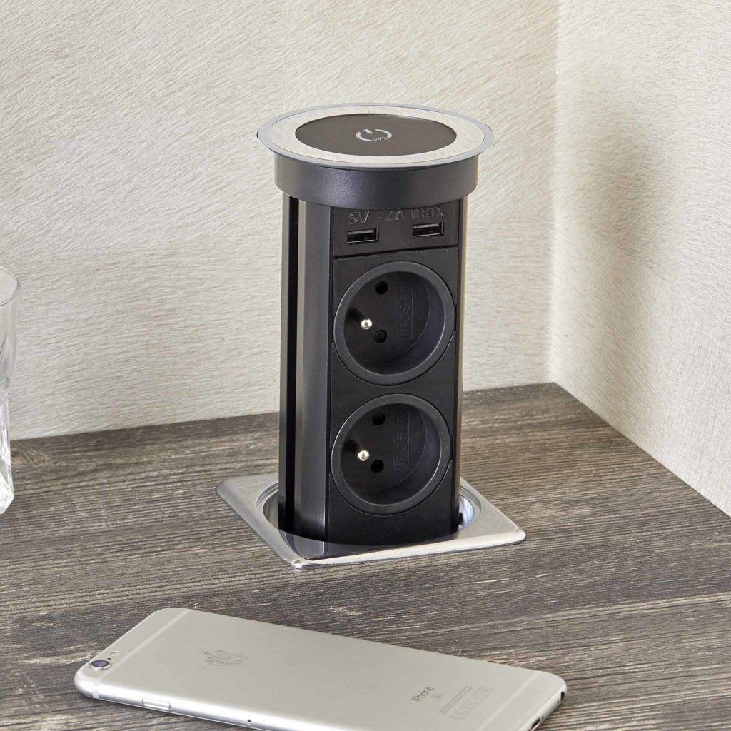 Bloc 2 prises+2 USB (2A + 5V) + QI autoMATICK rétractable - inox brossé