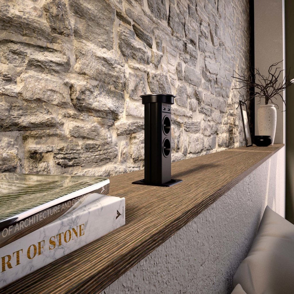 Bloc 2 prises+2 USB (2A + 5V) + QI autoMATICK rétractable - noir