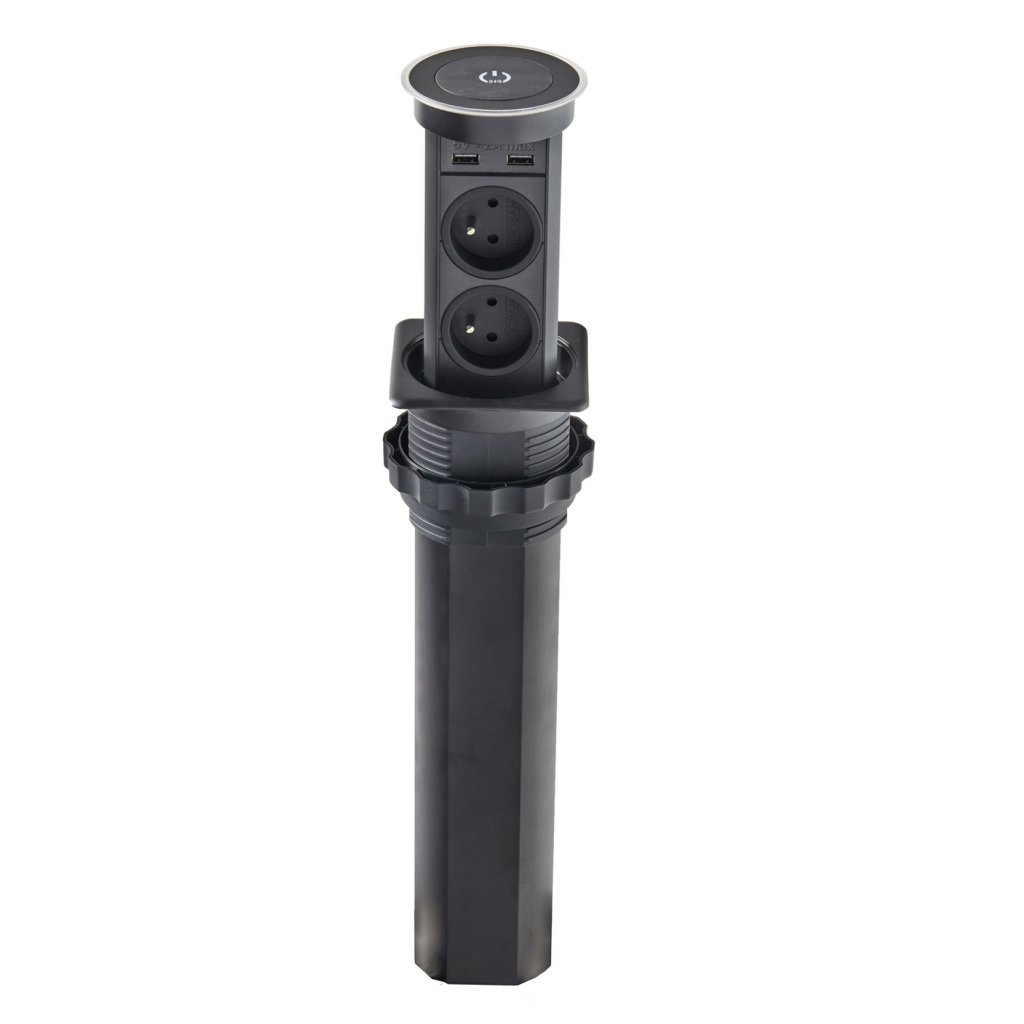 Bloc 2 prises+2 USB (2A + 5V) + QI autoMATICK rétractable - noir