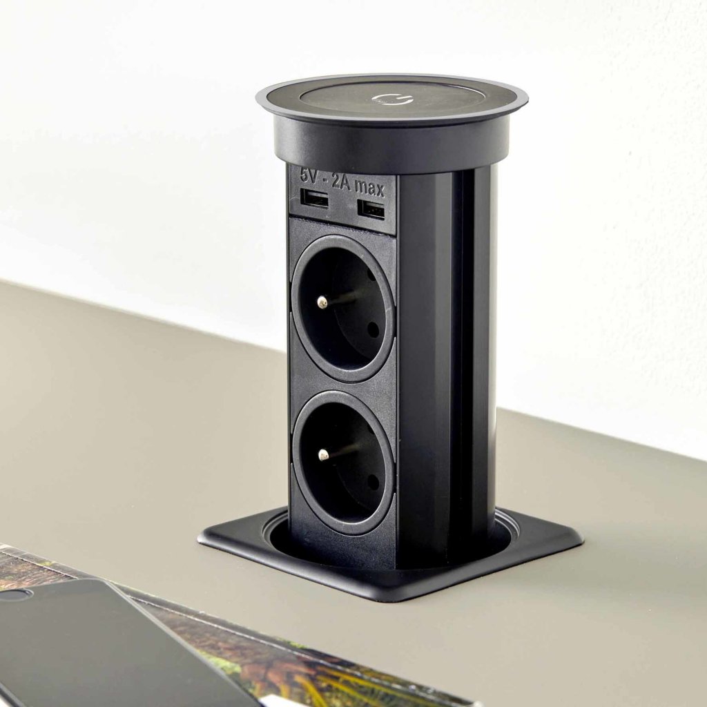 Bloc 2 prises+2 USB (2A + 5V) + QI autoMATICK rétractable - noir