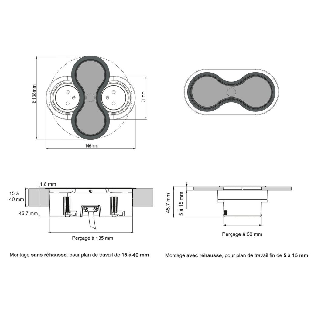 Bloc 2 prises EIGHT IP44 affleurant à encastrer dans un plan de travail de 5 à 40mm - finition blanc mat - 16A - 230V - 2P+T
