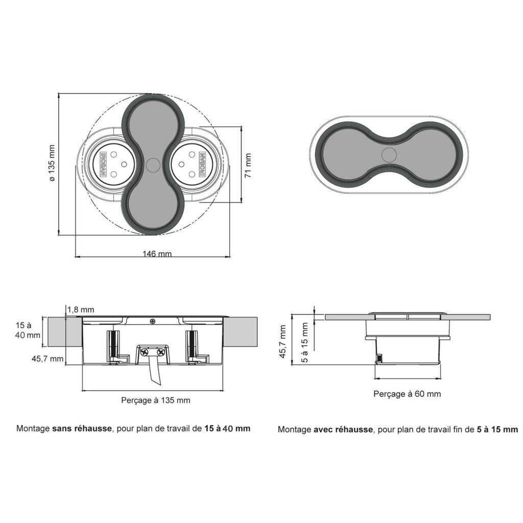 Bloc 2 prises EIGHT IP44 affleurant à encastrer dans un plan de travail de 5 à 40mm - finition inox brossé - 16A - 230V - 2P+T