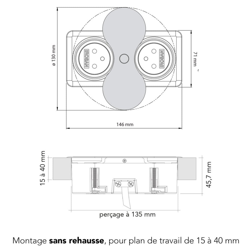 Bloc 2 prises EIGHT rectangulaire affleurant à encastrer dans un plan de travail de 5 à 40mm - finition inox brossé- 16A - 230V - 2P+T
