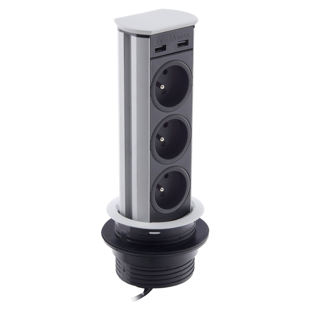 Bloc 3 Prises + 2 USB (2A - 5V) BRICK rétractable - blanc mat