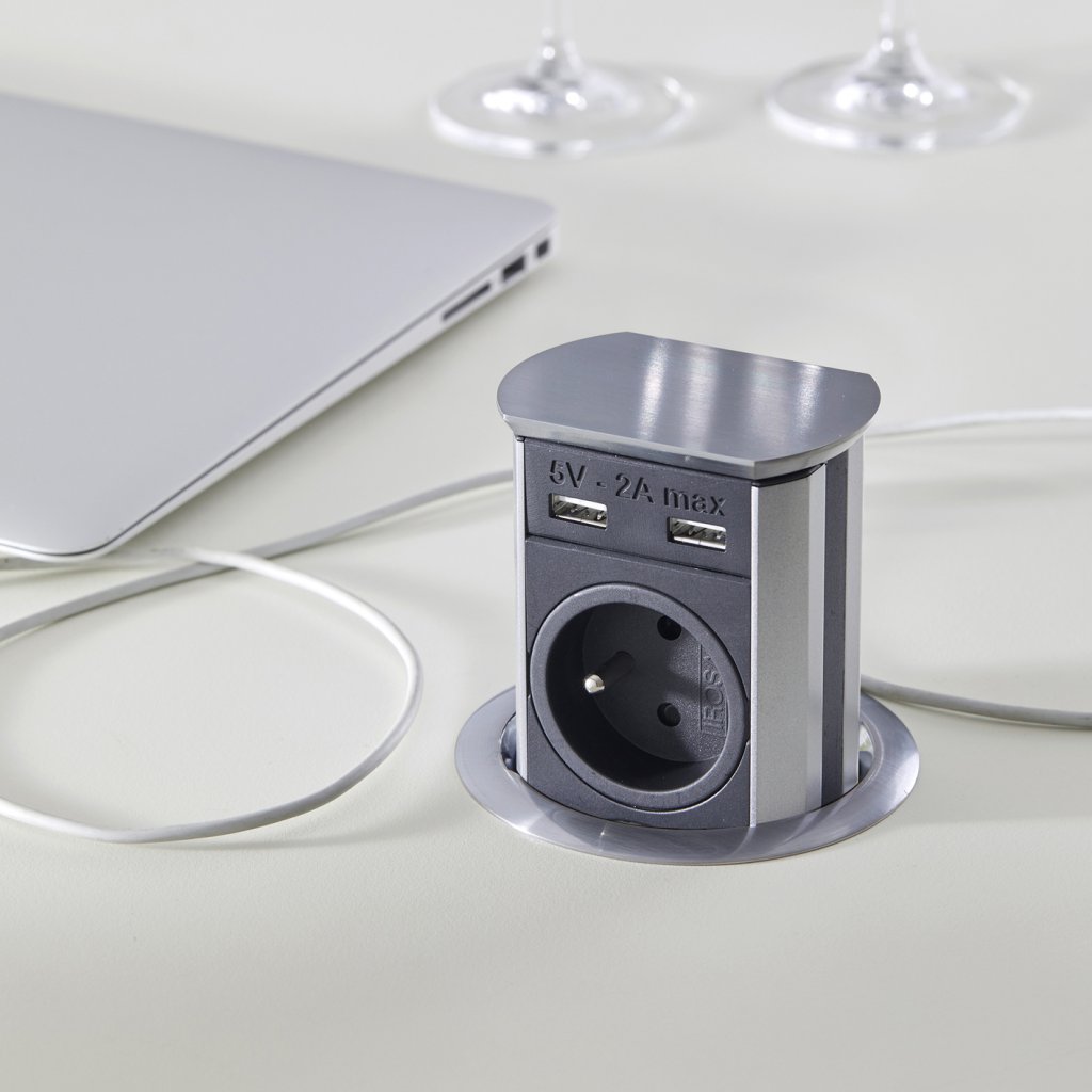 Bloc 3 Prises + 2 USB (2A - 5V) BRICK rétractable - inox brossé