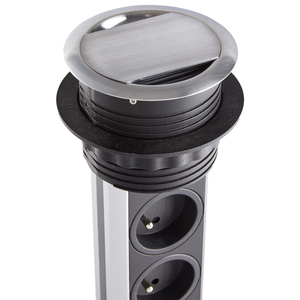 Bloc 3 Prises + 2 USB (2A - 5V) BRICK rétractable - inox brossé