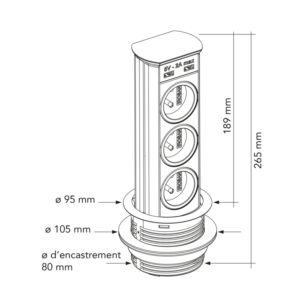 Bloc 3 Prises + 2 USB (2A - 5V) BRICK rétractable - inox brossé