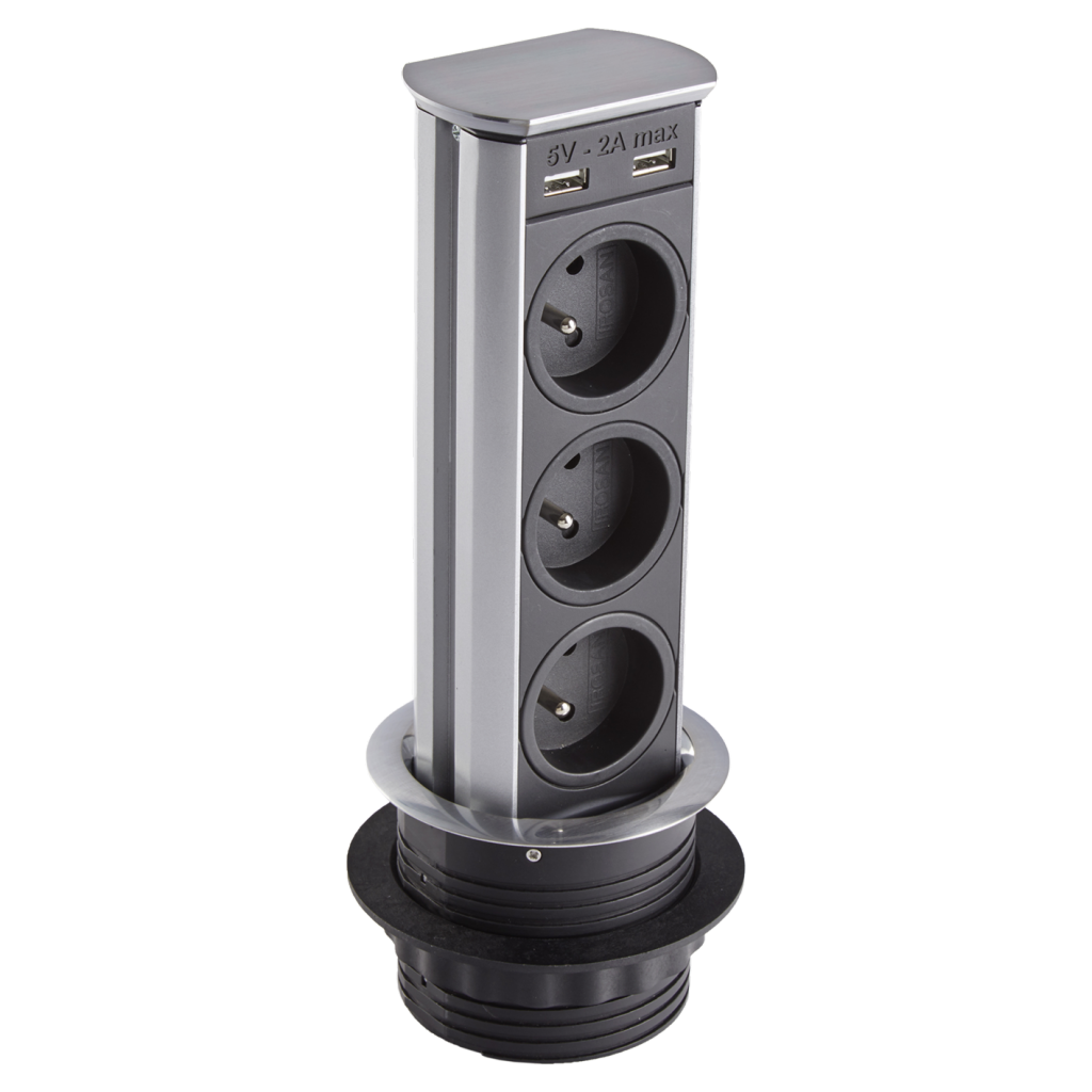 Bloc 3 Prises + 2 USB (2A - 5V) BRICK rétractable - inox brossé