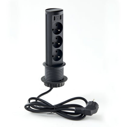 Bloc 3 prises + 2 USB MINIBRICK rétractable- Noir- Diam.60mm