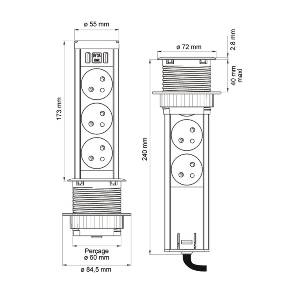 Bloc 3 prises + 2 USB MINIBRICK rétractable- Noir- Diam.60mm