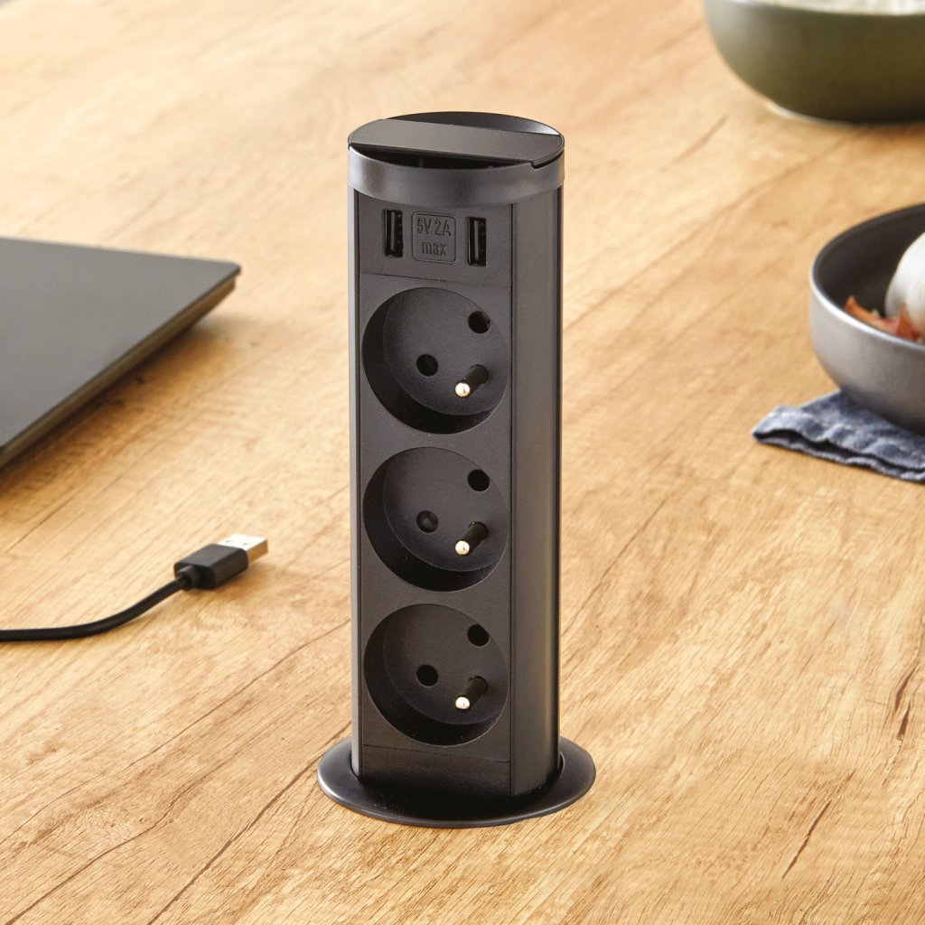 Bloc 3 prises + 2 USB MINIBRICK rétractable- Noir- Diam.60mm