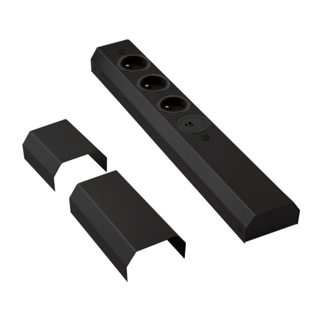 Bloc 3 prises frontal+ 1 port USB A+C (460 x 81 x 42mm)- Livré avec 2 pièces de réglage (H. 90 et 150mm) permettant d'ajuster la hauteur - finition noir mat - 16A - 230V - 2P+T