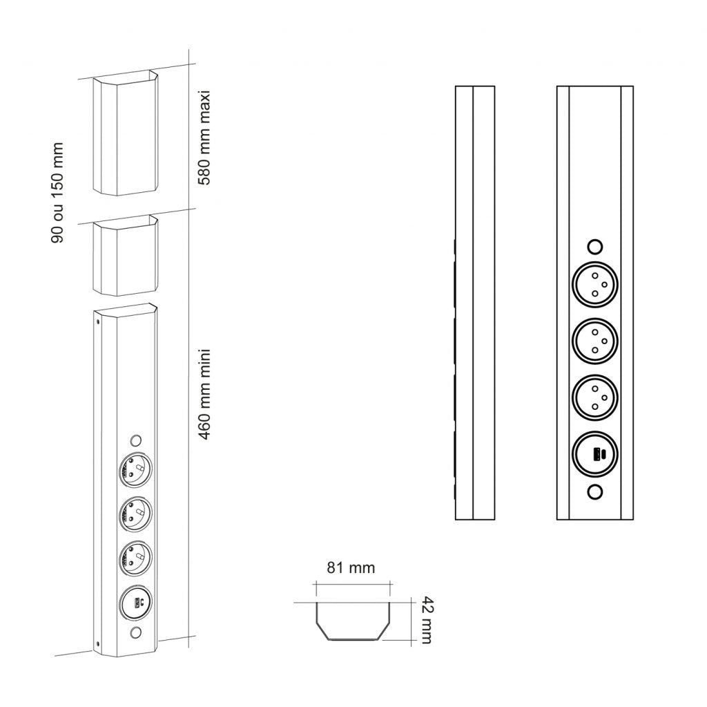 Bloc 3 prises frontal+ 1 port USB A+C (460 x 81 x 42mm)- Livré avec 2 pièces de réglage (H. 90 et 150mm) permettant d'ajuster la hauteur - finition noir mat - 16A - 230V - 2P+T