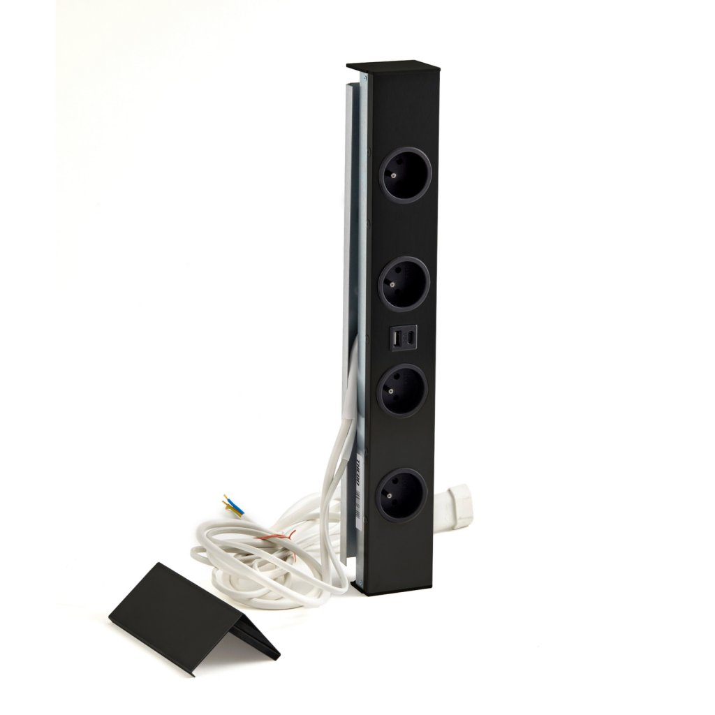 Bloc 4 prises + USB (A - V) (460 x 65 x 55mm) avec 2 pièces de réglage (h.90 et 150mm) fournies permettant d'ajuster la hauteur - finition noir mat- 16A - 230V - 2P+T
