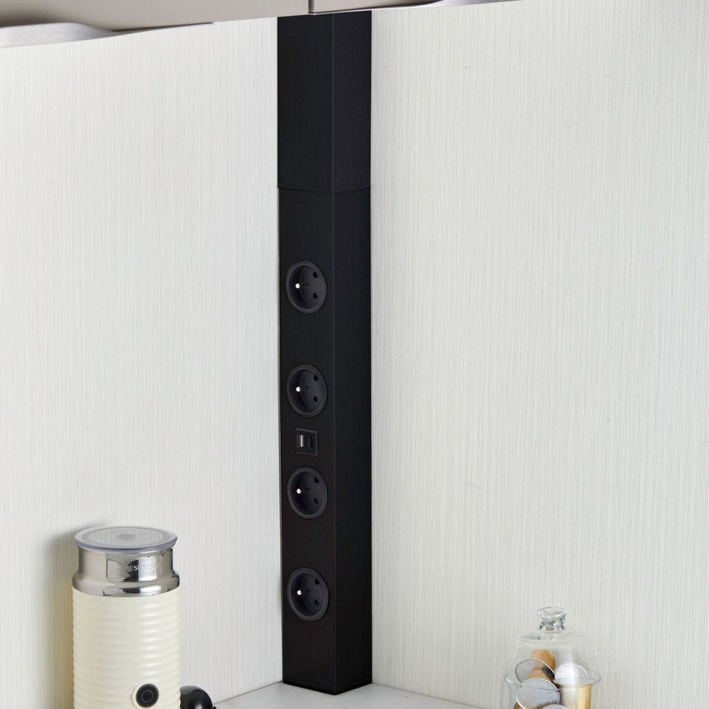 Bloc 4 prises + USB (A - V) (460 x 65 x 55mm) avec 2 pièces de réglage (h.90 et 150mm) fournies permettant d'ajuster la hauteur - finition noir mat- 16A - 230V - 2P+T