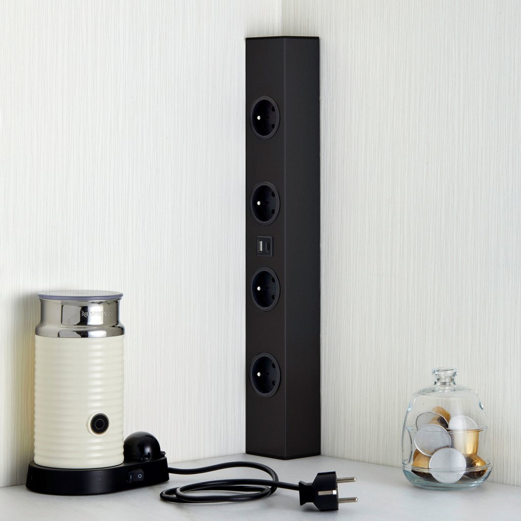 Bloc 4 prises + USB (A - V) (460 x 65 x 55mm) avec 2 pièces de réglage (h.90 et 150mm) fournies permettant d'ajuster la hauteur - finition noir mat- 16A - 230V - 2P+T