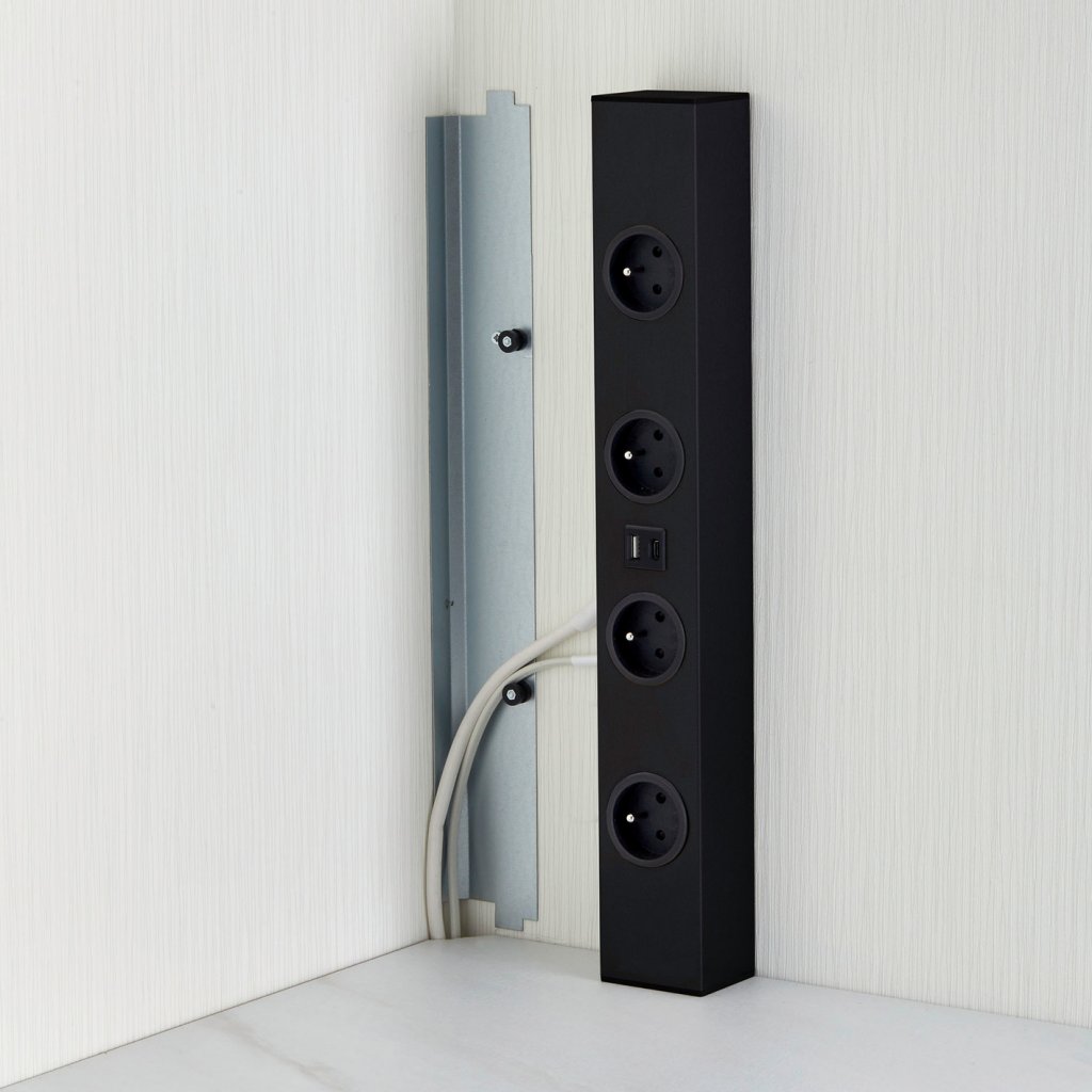Bloc 4 prises + USB (A - V) (460 x 65 x 55mm) avec 2 pièces de réglage (h.90 et 150mm) fournies permettant d'ajuster la hauteur - finition noir mat- 16A - 230V - 2P+T